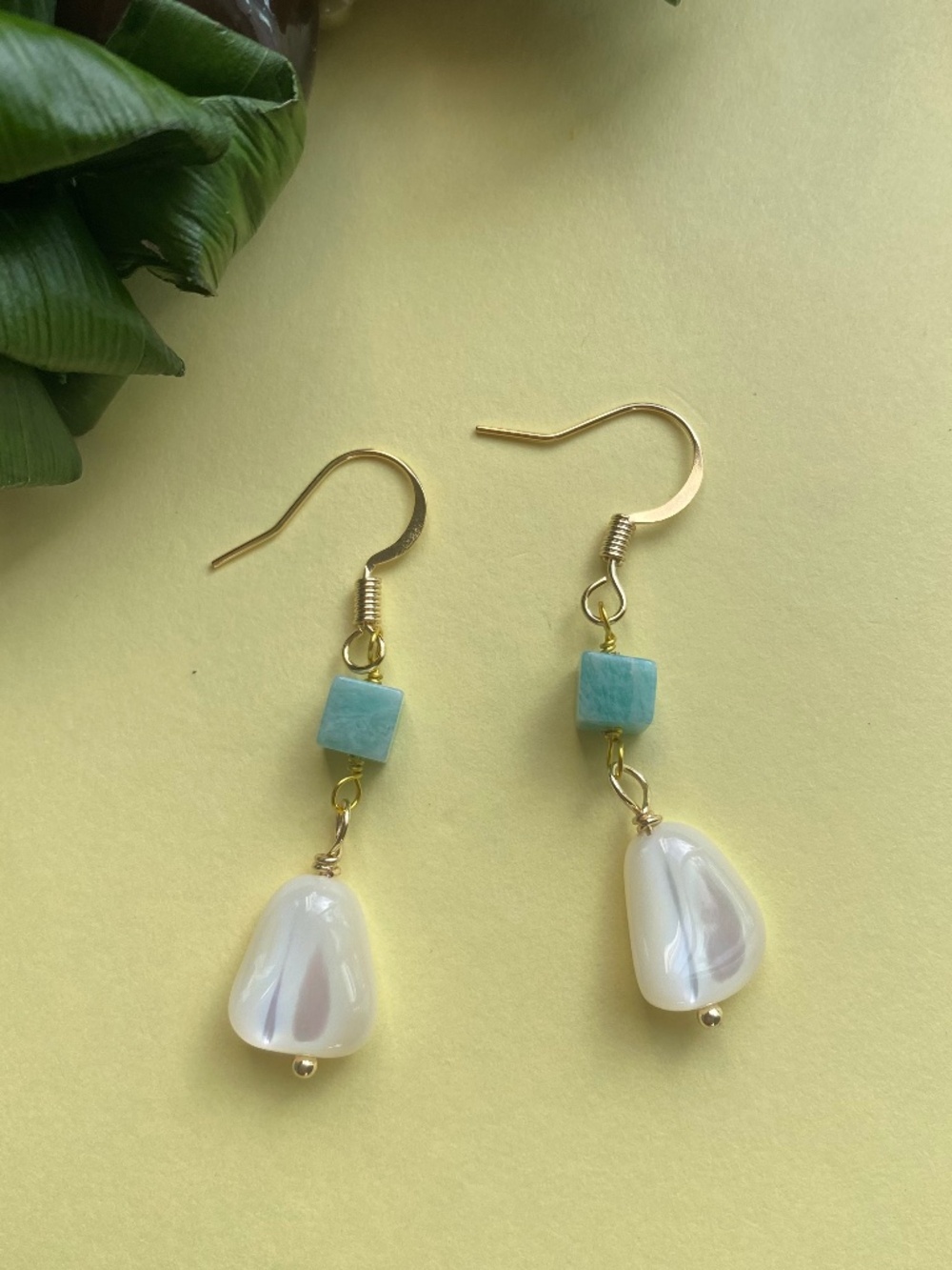 Mother of Pearl Dangle Earrings with Amazonite Cube Stone